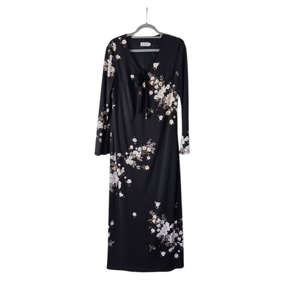 Vintage CDC Asian Floral Whimsigoth Dark Romantic Tie Neck Midi Dress, Size 10 - Picture 1 of 15
